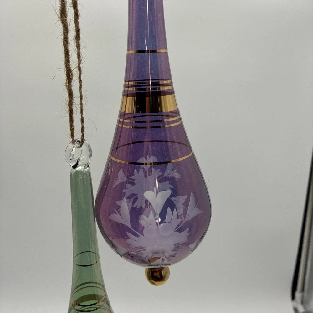 Vintage Egyptian Hand Blown Glass Ornaments Etched Floral Gold Trim Set of 2